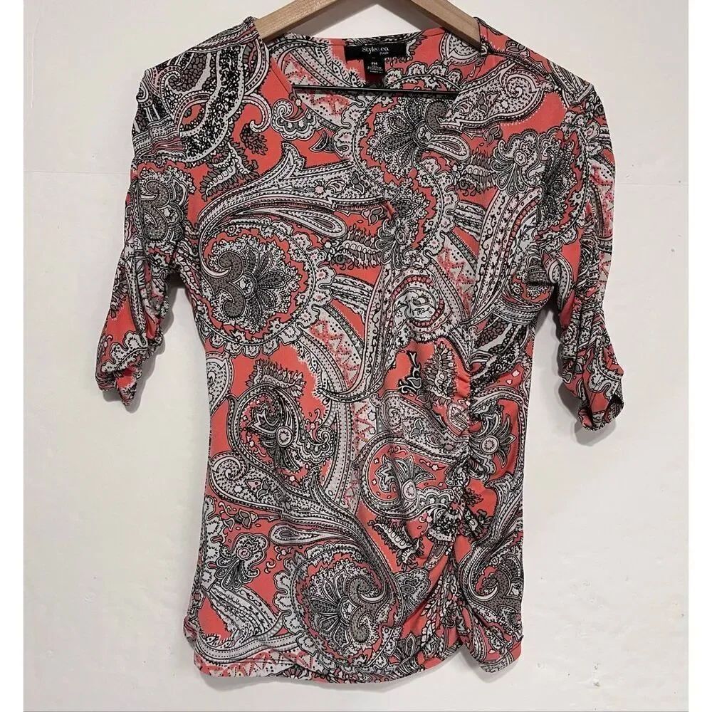 Style & Co Petite Orange And Gray Paisley Print Blouse   Size Petite Medium